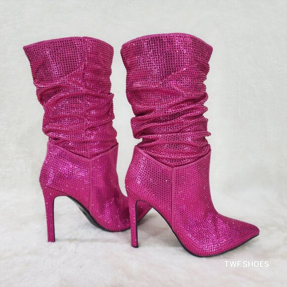 Radiant Fuchsia Pink Rhinestone High Heel Slouch Mid Calf Pull On Boots - Picture 3 of 8